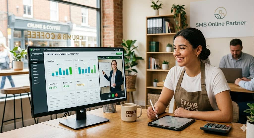 Small business owner reviewing bookkeeping dashboard