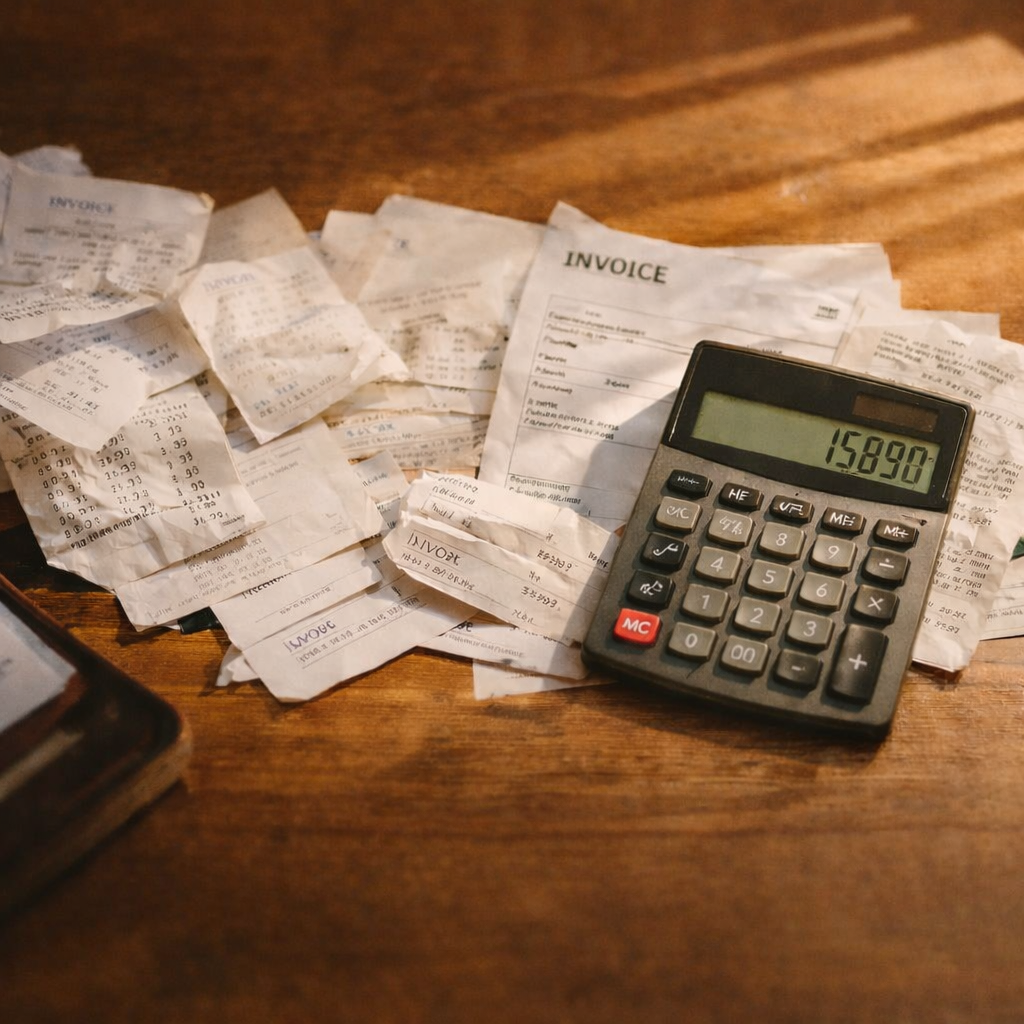 Photo of calculator and stack of paper receipts